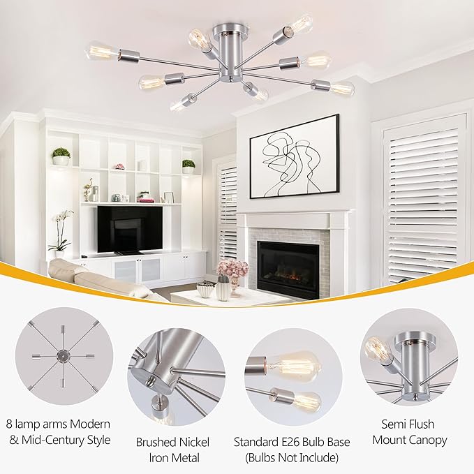 Modern Sputnik Chandelier, 8-Light Ceiling Light Fixture, Bedroom Light Fixture, Sputnik Lights Fixture for Living Room, Dining Room, Kitchen, Office, Hallway, Foyer (Brushed Nickel Silver) - E26 Base