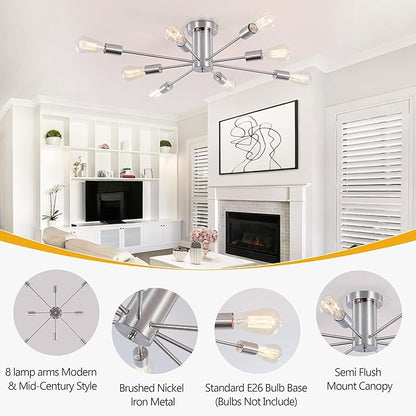 Modern Sputnik Chandelier, 8-Light Ceiling Light Fixture, Bedroom Light Fixture, Sputnik Lights Fixture for Living Room, Dining Room, Kitchen, Office, Hallway, Foyer (Brushed Nickel Silver) - E26 Base
