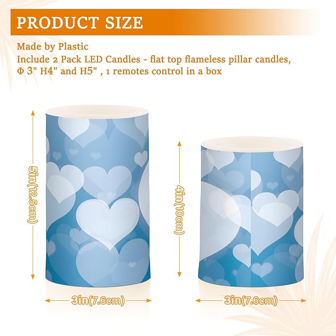 Valentines Lights Flameless Candles Blue Abstract Heart Pillar Candles Set of 2 Battery Operated Remote Control Warm Lights Home Decor