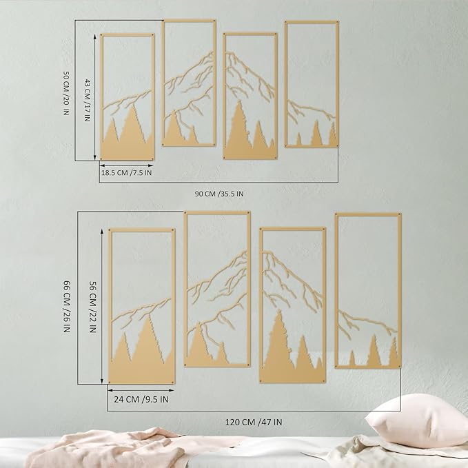 ruelen 4 Pcs Metal Mountain and Forest Wall Decorations Line Drawing Wall Art Minimalist Wall Decor Rustic Nature Home Wall Art Sculpture for Home Bedroom Bathroom Office Living Room (Gold, Large)