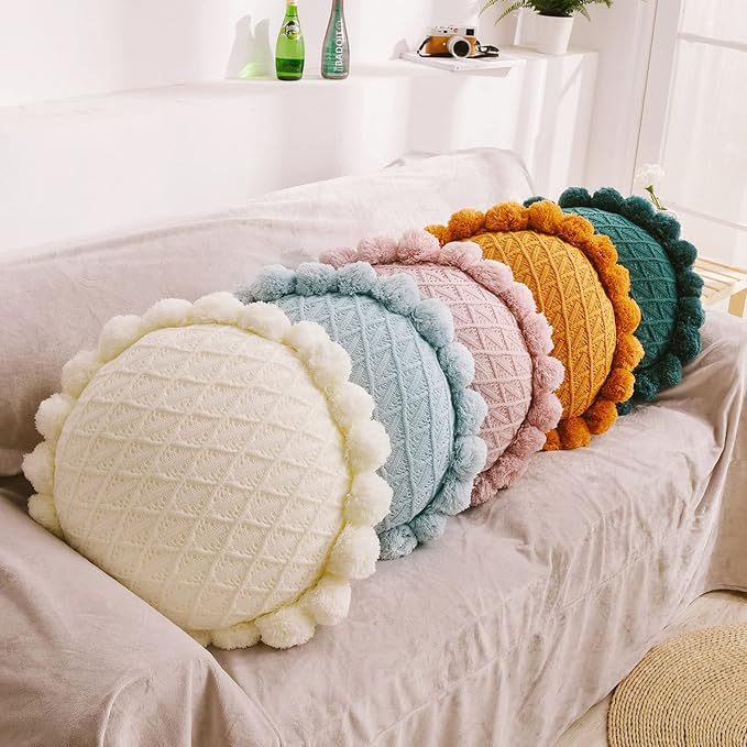 IXITON Round Creative Knitting Pompoms Pillow Sunflower Pillow Decorative Cushion Throw Pillow with Insert Plush Pillow for Couch Sofa Bed, 20 Inch (Light Blue)