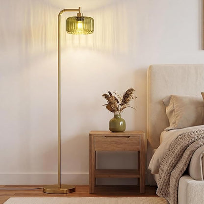 Floor Lamp for Living Room,Gold Floor Lamp with Green Glass Shade,Modern Standing Lamps with 3000K Warm Light Bulb,Vintage Tall Light for Bedroom Office Reading Room Corner.