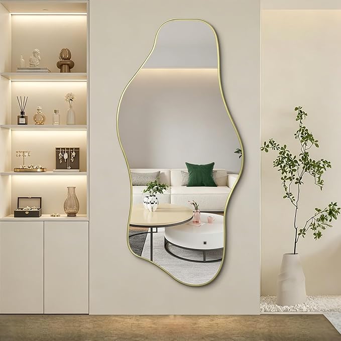 Irregular Wall Mirror, 63"x30" Large Asymmetrical Aesthetic Mirror, Gold Modern Organic Shape Frameless Mirrors for Living Room Bedroom Hallway Entryway, Horizontal or Vertical Hanging