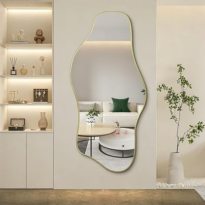 Irregular Wall Mirror, 63"x30" Large Asymmetrical Aesthetic Mirror, Gold Modern Organic Shape Frameless Mirrors for Living Room Bedroom Hallway Entryway, Horizontal or Vertical Hanging