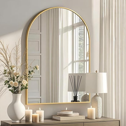 Dewfig Arched Wall-Mounted Mirror, 24"x36" Arch Bathroom Mirror, Gold Vanity Mirror for Wall Décor, Wall Mirror with Metal Frame for Bedroom, Entryway, Living Room, Brushed Gold