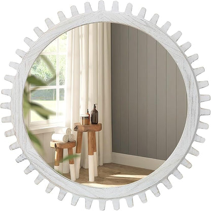 ULIKE Round Wood Mirror, 30 Inch Rustic Farmhouse Circle Mirror with Wooden Frame, Modern Wall Decor for Bathroom Nursery Bedroom Living Room Entryway, White