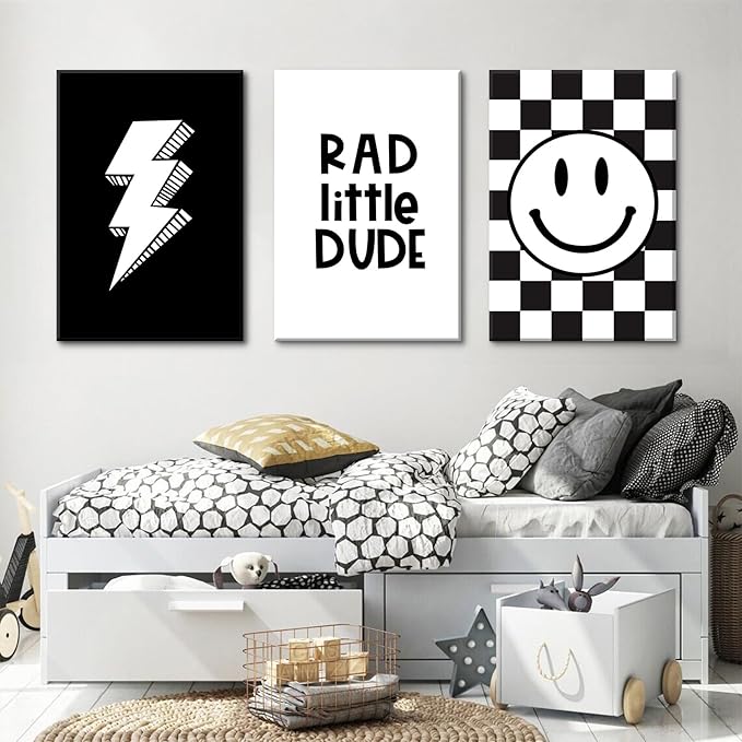 Boys Room Wall Art Decor Toddler Nursery Canvas Wall Art Baby Kids Wall Decor Black Checkered Smiley Poster Pictures Retro Playroom Rad Little Dud Art Prints for Bedroom 12x16x3 Inch Framed