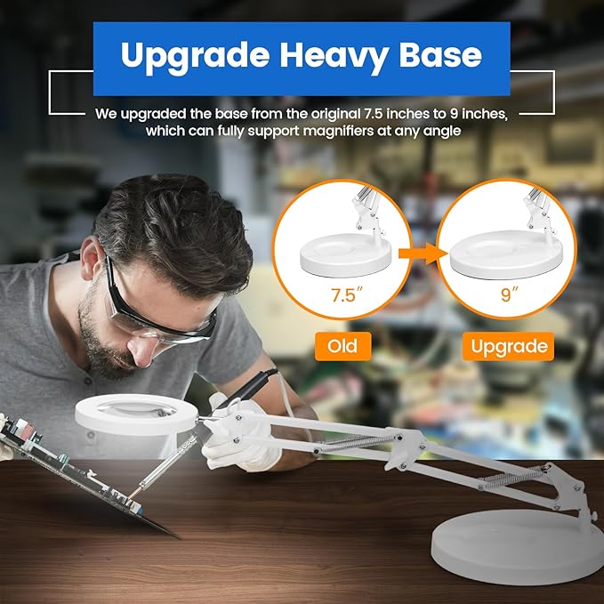 KIRKAS 10X Magnifying Glass with Light and Stand, 2-in-1 Stepless Dimmable LED Desk Lamp with Clamp, 3 Color Modes Lighted Magnifier Swivel Arm Light for Reading, Craft, Close Works - White