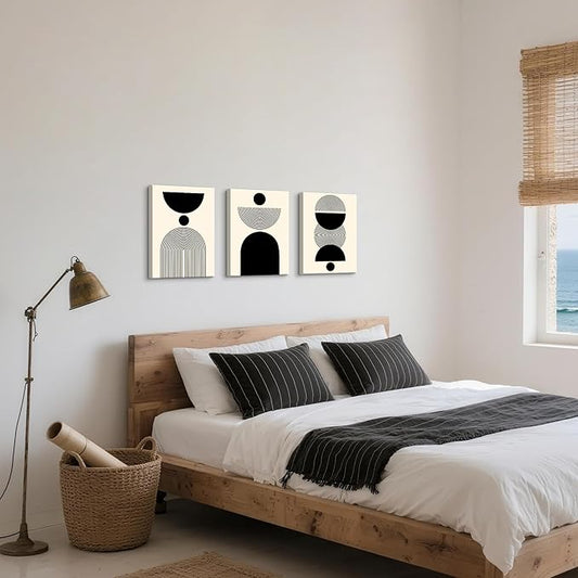 WENGTIAO 3Pcs Boho Abstract Canvas Wall Art,Neutral Minimalist Geometric Line Wall Painting Mid Century Beige Black Art Modern Prints Bohemian Home Decor for Bedroom Living Room Hallway Office 16"X24"x3