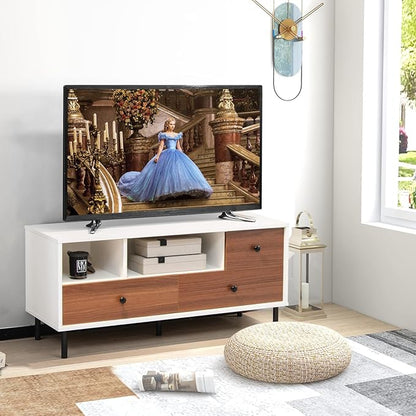 Tangkula Farmhouse TV Stand for 50-inch TVs, Modern Flat Screen Console Table with 2 Cubbies & 3 Large Drawers, Entertainment Center Storage Cabinet for Living Room (White & Walnut)
