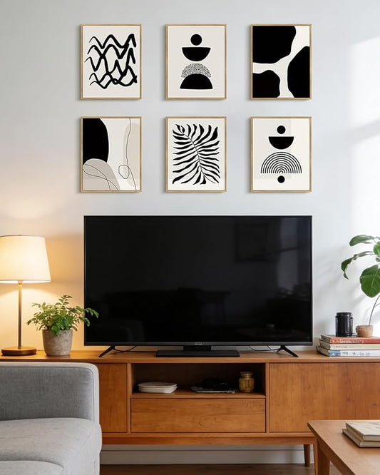 Drsoum Abstract Boho Wall Art Minimalist Geometric Framed Boho Room Decor Black Line Art Mid Century Modern Prints Bohemian Living Room Bedroom Ready to Hang 8x10inx6pcs (Natural Framed)