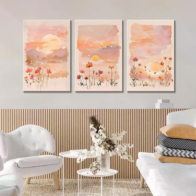 Eysintum 3 Panel Blush Sunset Wall Art, Watercolor Floral Canvas Prints, Wildflower Landscape Artwork, Boho Aesthetic Pink Nature Decor for Bedroom Living Room Home Office, Rustic Botanical Art, Ready to Hang 12x16in