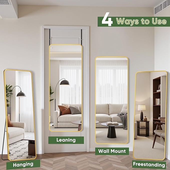 Suidia Full Length Mirror Over the Door&Wall Mounted, 48"x14" Door Mirror with Aluminum Alloy Frame, HD Shatterproof, No-Drill, Hanging Mirrors for Bedroom, Bathroom, Dorm, Closet, Rounded Rect, Gold