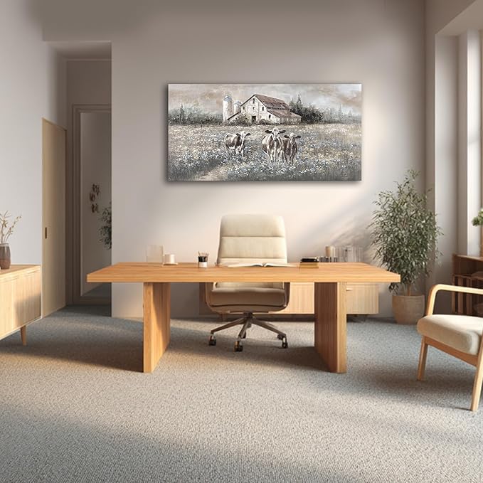 LEVERUP Farmhouse Landscape Painting, Rustic Country Barn Art,rural style decorative paintings 20x40 inch Highland cattle decor for living room bedroom