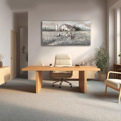 LEVERUP Farmhouse Landscape Painting, Rustic Country Barn Art,rural style decorative paintings 20x40 inch Highland cattle decor for living room bedroom