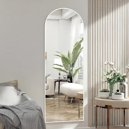 Dewfig Door Mirror with Stand, Arched Full Length Mirrors Over The Door, 16"x 50" Hanging or Wall Mirror, Full Body Mirrors for Bedroom,Living Room,White
