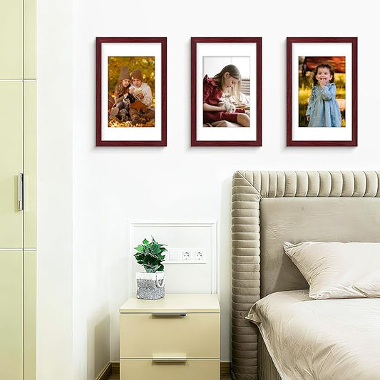 Picrit 11x17 Picture Frame Set of 12, Display 8x12 with Mat or 11x17 without Mat, Photo Frames for Wall Mounting Display, Dark Red Wood