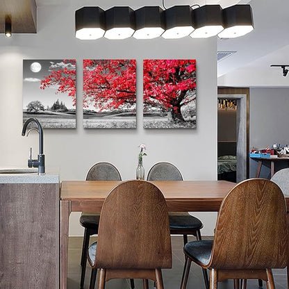 canvas wall art for living room family bedroom Wall Decor Black and white red tree moon landscape painting Ready to Hang for room Decorations Works office Decor Prints pictures 12" x 16"3 Pieces
