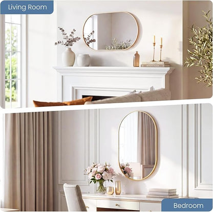 Sweetcrispy 20" x 30" Gold Bathroom Mirror for Wall, Oval Wall Mirror with Metal Frame, Tempered Glass, Modern Vanity Mirror for Over Sink, Living Room, Bedroom, Entryway, Horizontal or Vertical