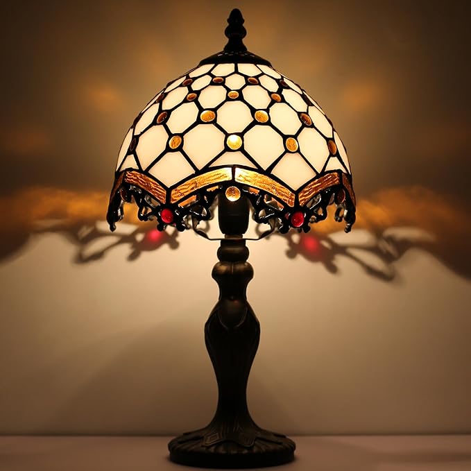 Tiffany Style Lamp Stained Glass Table Lamp 8 x 14.5” Mini Accent Light Phoenix Tail Beads Design Small Decorative Bedside Reading Memory Lamp