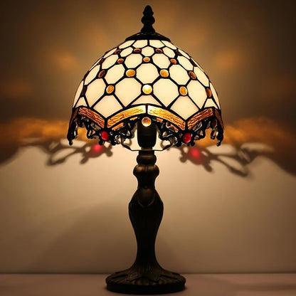 Tiffany Style Lamp Stained Glass Table Lamp 8 x 14.5” Mini Accent Light Phoenix Tail Beads Design Small Decorative Bedside Reading Memory Lamp