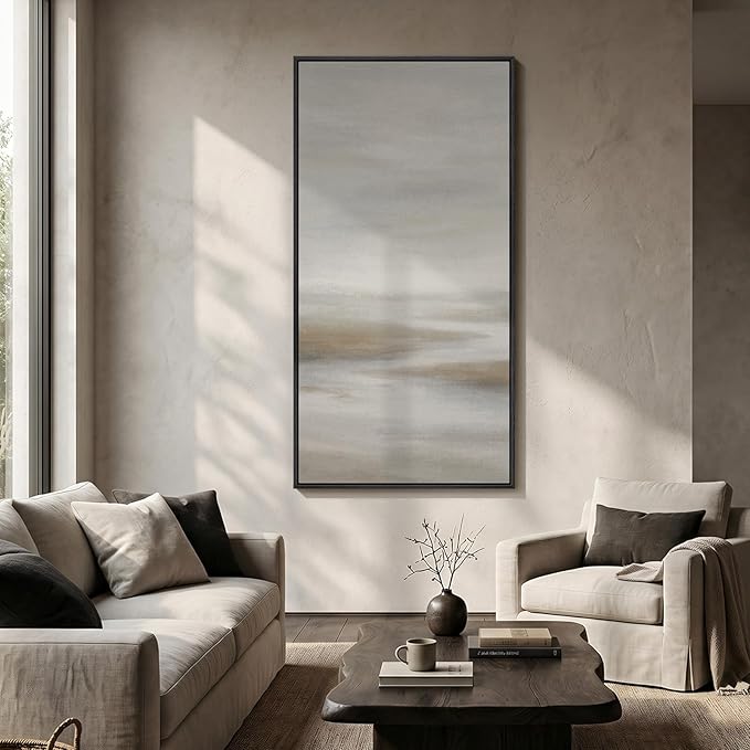 Large Framed Neutral Abstract Wall Art, Modern Vertical Canvas Prints Paintings Artwork for Walls, Grey Brown Minimalist Landscape Pictures Wall Decor for Hallway Living Room Dining Room, 30x60 In