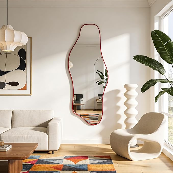 Irregular Wall Mirror, 60"x24" Red Asymmetrical Tempered Glass Mirror, Large Modern Organic Frameless Mirrors for Living Room Bedroom Hallway Entryway, Horizontal or Vertical Hanging