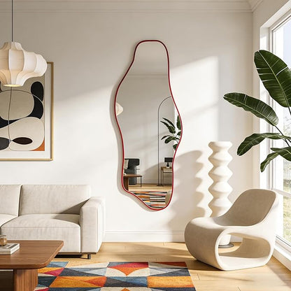 Irregular Wall Mirror, 60"x24" Red Asymmetrical Tempered Glass Mirror, Large Modern Organic Frameless Mirrors for Living Room Bedroom Hallway Entryway, Horizontal or Vertical Hanging