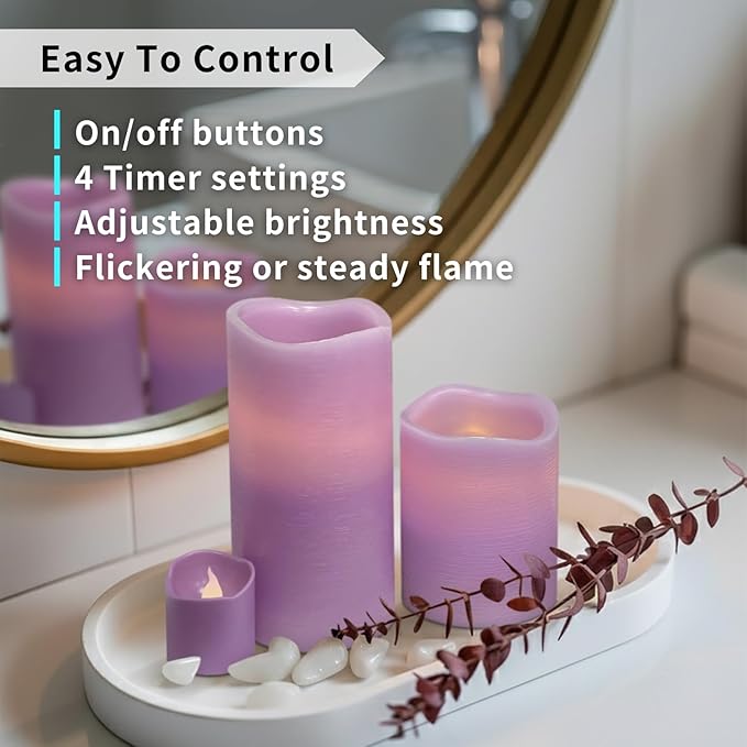 FURORA LIGHTING Purple Flameless Candles - Real Wax, Adjustable Brightness, Remote & Timer - 4 Pillars (3x4, 3x6) and 4 Votives, 8-Pack, Battery Operated