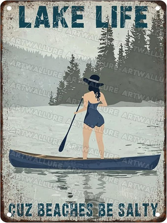Lake Life Decor Tin Sign - Rustic Metal Wall Art for Cabin, Lakehouse & Porch - Weatherproof 12x16 Inches