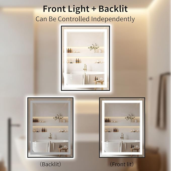 22"x30" LED Bathroom Mirror with Lights, Front & Backlit, Anti-Fog, Dimmable, 3 Color Temperature, CRI 90+, LED Mirror for Bathroom with Premium Full Aluminum Frame, Touch Control with Memory