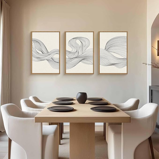 HPNIUB Neutral Abstract Beige Wave Framed Wall Art Set,Minimalist Black Line Wave Wall Decor,Modern Geometric Art Print,Boho Textured Artwork for Living Room, Bedroom,Office-24 x36 x3