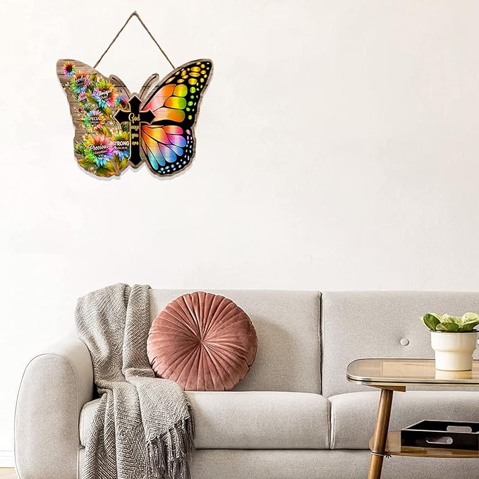 RSLEE Butterfly Room Decor Cross Wooden Sign Wall Decor Scripture Plaque Quote Hanging Wall Sign Rustic Farmhouse Wall Art for Living Room, Tan, 9inchx12inch