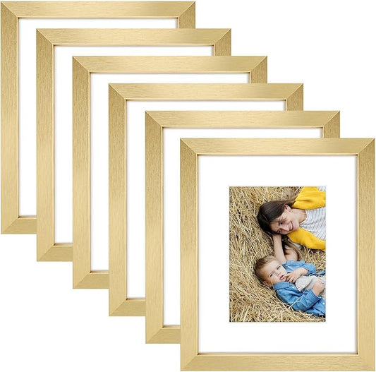 Golden State Art, 8x10 Picture Frame Set of 6 - Matted to 5x7 Photo - Engineered Wood Gallery Frame Set - Wall Mounting or Tabletop Display (Gold, 6 Pack)