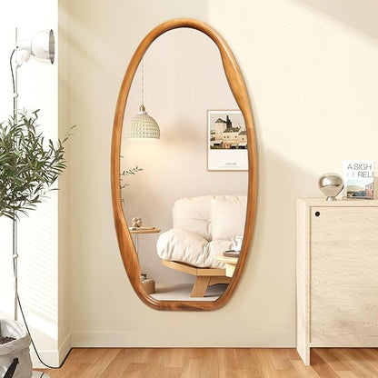 JJUUYOU Wooden Frame Wall Mirror Irregular Mirrors for wall 40"X20" Asymmetrical Decorative Vintage Hanging Mirror for Bathroom Bedroom Living Room Cloakroom Entryway Brown