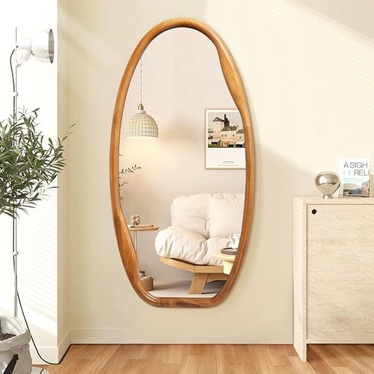JJUUYOU Wooden Frame Wall Mirror Irregular Mirrors for wall 40"X20" Asymmetrical Decorative Vintage Hanging Mirror for Bathroom Bedroom Living Room Cloakroom Entryway Brown