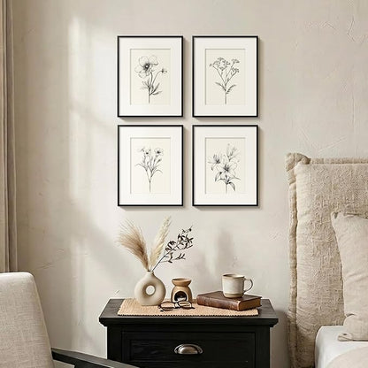 Framed Black and White Botanical Wall Art for Bathroom, 4 Piece Minimalist Floral Plant Artwork for Walls, Vintage Farmhouse Flower Picture Prints for Bedroom Kitchen Living Room Wall Decor, 8x10 Inch