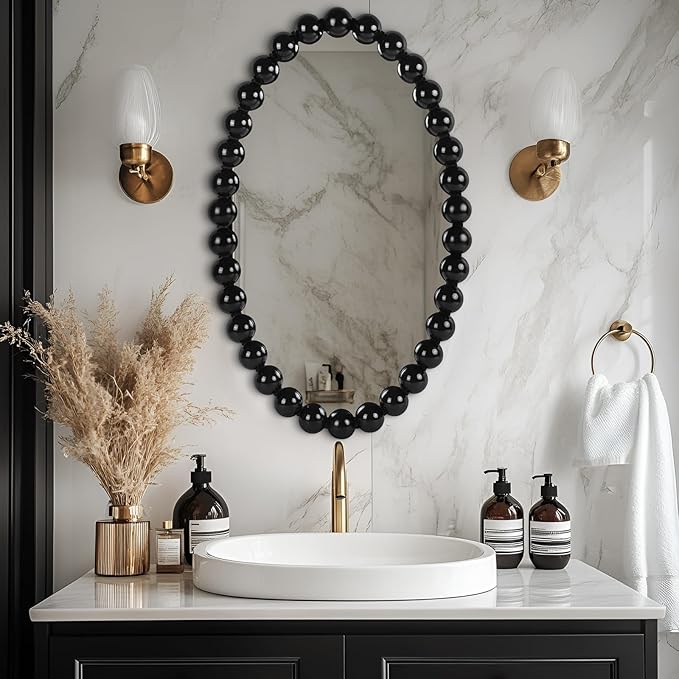 Oval Round Wall Mirror - 30 Inch Decorative Framed Bathroom/Living Room Accent Mirror with Beaded Ball Trim - Vintage Modern Style (Black/White/Gold) (Black)
