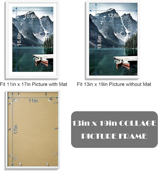 Hongkee 13x19 Picture Frame Set of 3 - Display 11x17 Photo with Mat or 13 x 19 Poster without Mat, Wall Mounting Horizontal and Vertical, White