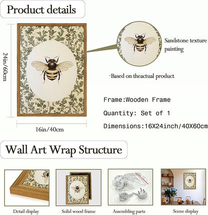Framed Vintage Bee Wall Art, Rustic Insect Pictures Wall Decor, 3D Textured Sandstone Green Botanical Paintings Prints Cottagecore Home Decor for Living Room Bedroom Office 16x24 inch