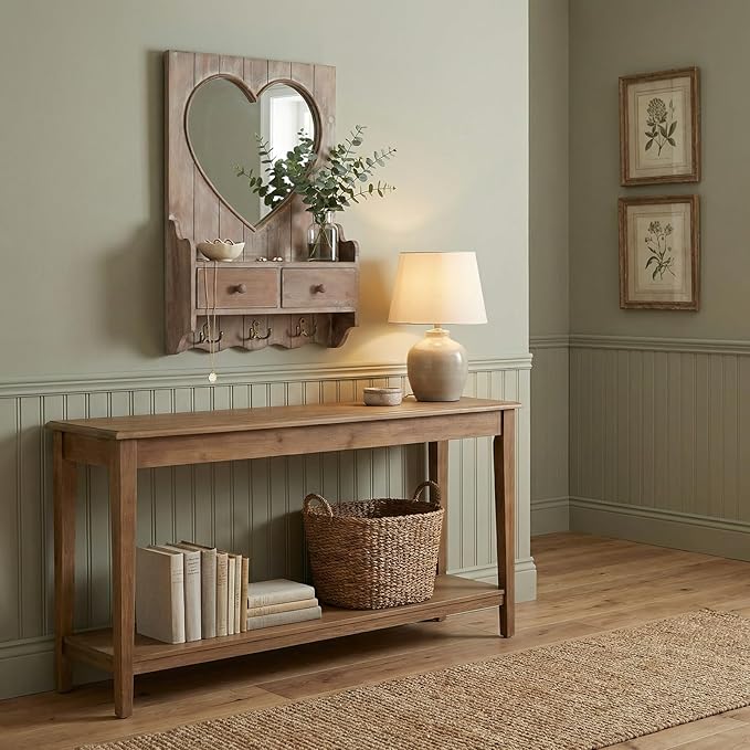 Rustic Farmhouse Wooden Entryway Mirror with Shelf and Hooks, 16"x24" Heart Shape Wood Frame Wall Mirror with Storage Drawer (Distress Brown)