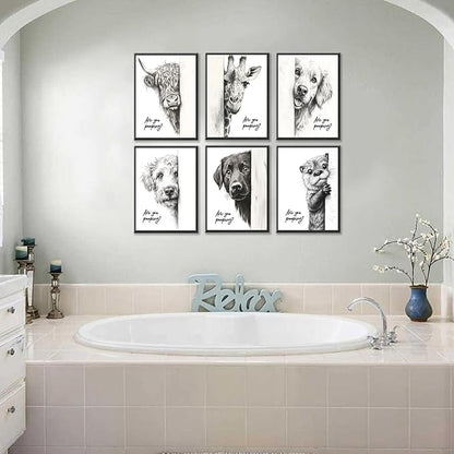 Funny Bathroom Wall Art Black and White Bathroom Posters Decor Rustic Donkey and Cow Pictures Wall Decor Funny Animal Peeking Canvas Art Prints for Toilet/Bedroom Unframed 8x10 inches x 6 pieces