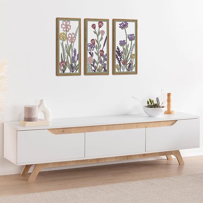 KAIRNE Neutral Floral Wooden Wall Art Set of 3,Framed Vintage Botanical Flower Decor,Minimalist Wildflower Wood Hanging Decor,Modern Farmhouse Decoration for Living Room Bedroom Office Kitchen,8X16 inch