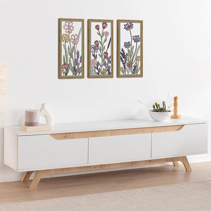 KAIRNE Neutral Floral Wooden Wall Art Set of 3,Framed Vintage Botanical Flower Decor,Minimalist Wildflower Wood Hanging Decor,Modern Farmhouse Decoration for Living Room Bedroom Office Kitchen,8X16 inch