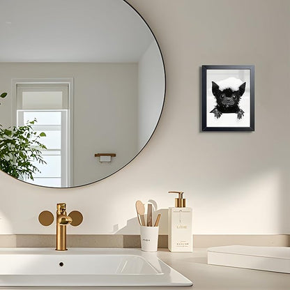 Funny Bat Bathroom Wall Art, Black and White Cute Animal Canvas Print Poster, Gothic Farmhouse Bat Wall Decor Painting, Humorous Halloween Restroom Picture Home Decoration 8x10 Inch Framed