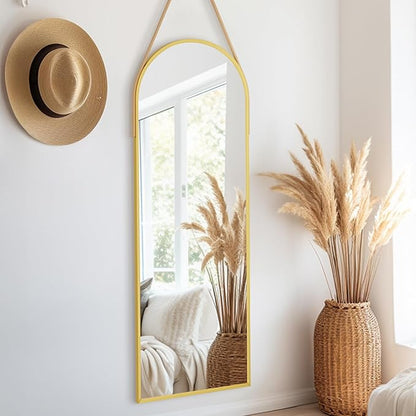 Dewfig 16"x48" Hanging Mirror with Leather Strap,Arched Full Length Mirror with Aluminum Frame Wall-Mounted Hanging Mirrors for Bathroom Vanity Living Room Bedroom Entryway Décor, Gold
