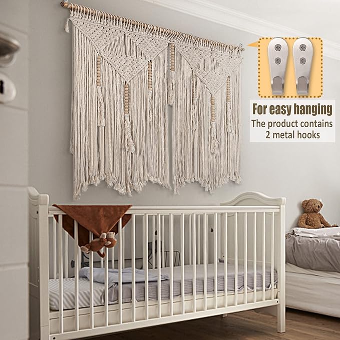 Large Macrame Wall Hanging 43.3" × 39.4" Boho Tapestry Woven Wall Decor- Cotton Tassel Macrame Curtain Beige Chic Bohemian Wall Art for Home Living Room Bedroom Dorm Wedding (Includes Hanging Rod)