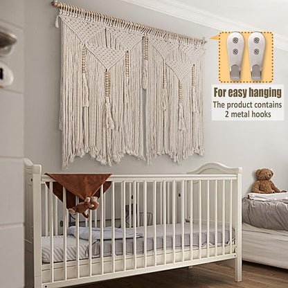 Large Macrame Wall Hanging 43.3" × 39.4" Boho Tapestry Woven Wall Decor- Cotton Tassel Macrame Curtain Beige Chic Bohemian Wall Art for Home Living Room Bedroom Dorm Wedding (Includes Hanging Rod)