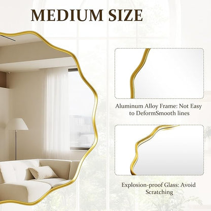 Round Wavy Mirror 36 Inch Bathroom Vanity Mirror Metal Frame Circle Wall Mounted Mirror for Bedroom Living Room Entryway Gold