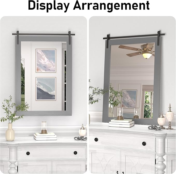 Farmhouse Wall Mirror, Rustic Wood Frame Bathroom Mirror Barn Door Inspired Decorative Vanity Dress Mirrors for Living Room Entryway, 22x30 INCH Gray Vertical